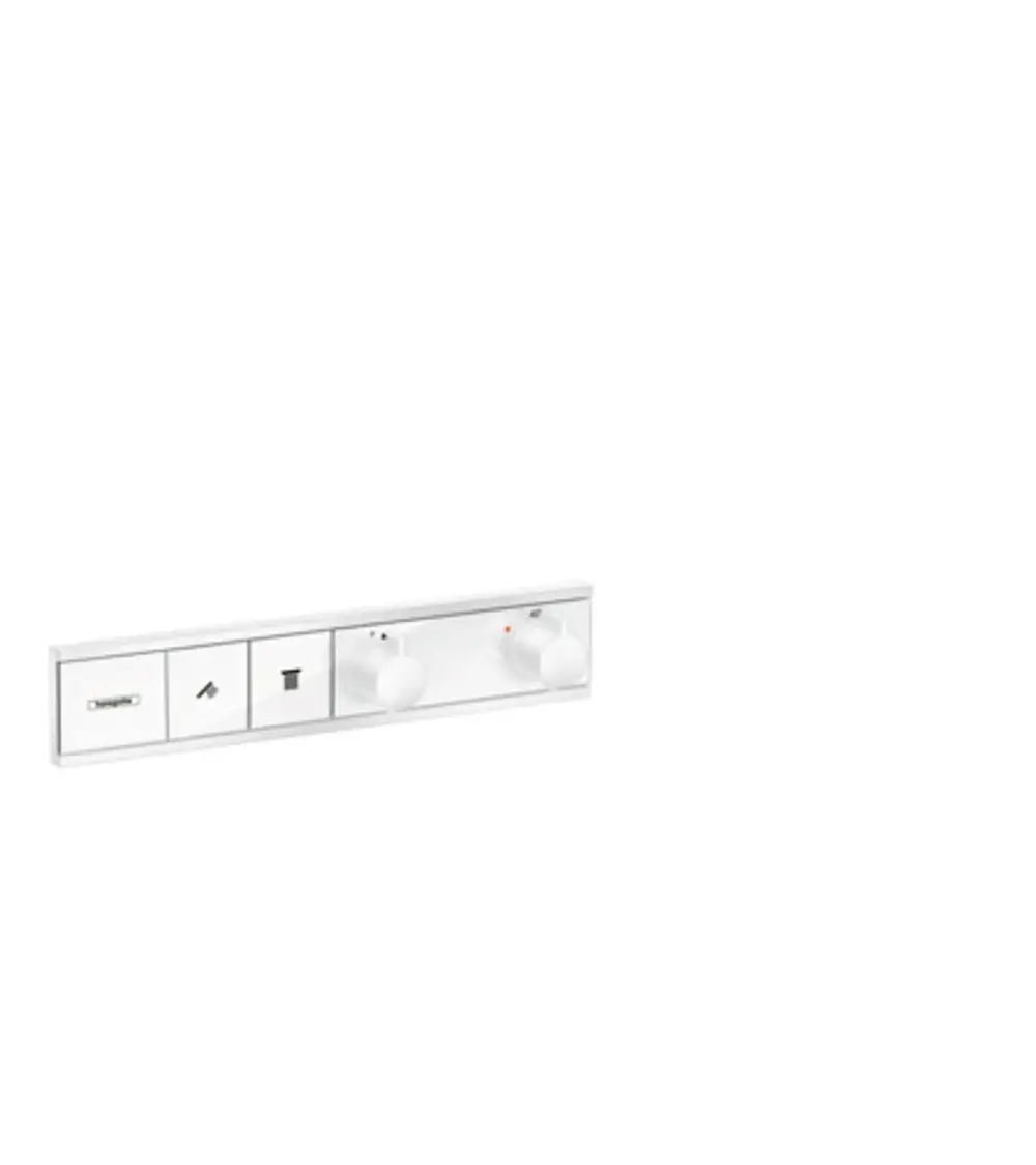 Hansgrohe Thermostat mit zwei runden Drehreglern und drei Steuerungselementen für Wasserzufuhr, in mattweißer Oberfläche, eingebaut in einer Wandmontage.